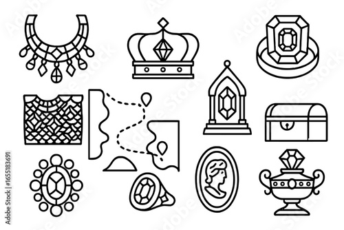 Historical Gemstone Icons. Line style icons of gemstones in history: pharaoh’s gem necklace, royal crown jewel, medieval gemstone