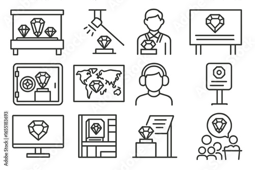 Gemstone Museum Icons. Line style icons of gemstone museums and exhibits: gemstone display case, exhibit spotlight, museum curator