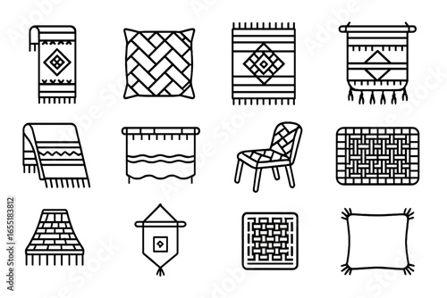 Weaving Decor Icons. Line style icons of weaving for home décor: table runner, woven pillowcase, handwoven rug, wall tapestry,