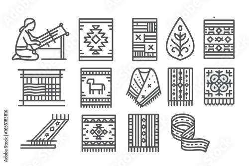 Ethnic Weaving Icons. Line style icons of ethnic weaving traditions: Andean backstrap loom, Navajo rug pattern, African Kente