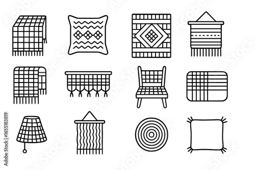 Weaving Decor Icons. Line style icons of weaving for home décor: table runner, woven pillowcase, handwoven rug, wall tapestry,