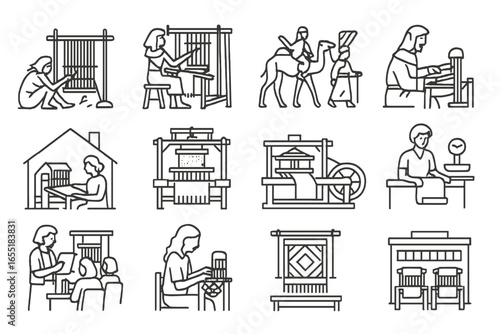 Textile Weaving Evolution. Line style icons of textile weaving history: prehistoric cave weaving, ancient Egyptian loom, Silk Road