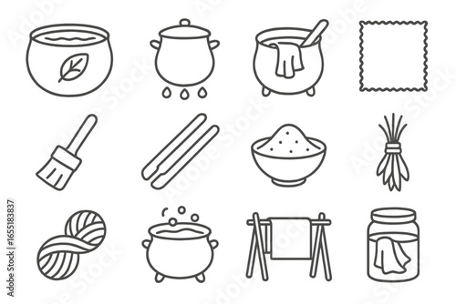 Natural Dye Process Icons. Line style icons of natural dye processes: indigo vat, mordant pot, dyeing vat, fabric swatch, dye