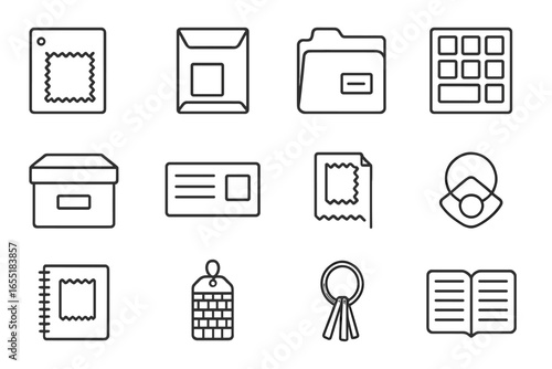 Dye Sample Icon Set. Line style icons of dye sample archive: fabric swatch card, glassine envelope, labeled file folder, pigment