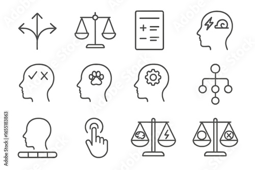 Decision-Making Icons. Line style icons of decision-making behavior: choice path icon, risk-reward scale, pros and cons sheet,