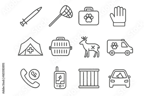Wildlife Rescue Icons. Line style icons of rescue and triage for wild animals: tranquilizer dart, animal capture net, emergency