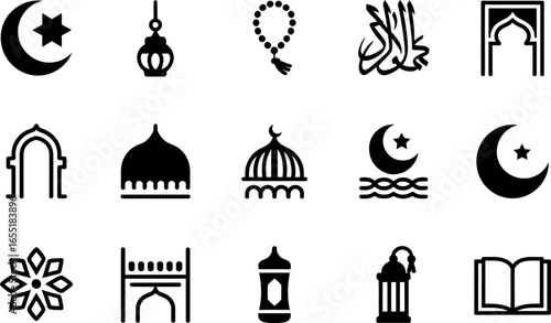 Islamic Religious Symbols: Crescent Moon, Star, Mosque Icons, Vector Graphics