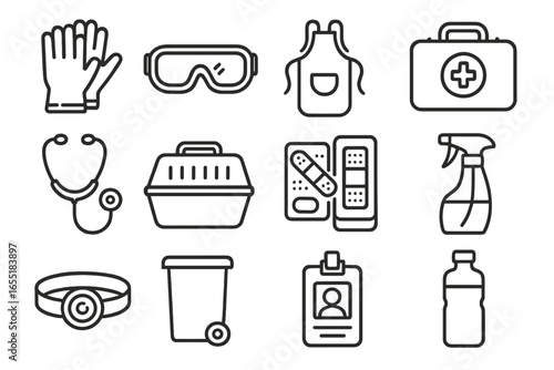 Wildlife Caretaker Tool Icons. Line style icons of wildlife caretaker tools: protective gloves, safety goggles, medical apron,
