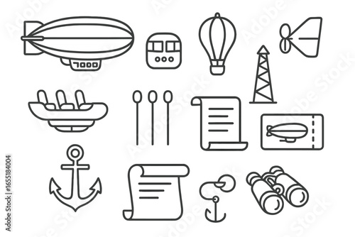 Airship Iconography. Line style icons of zeppelin and airship travel: dirigible icon, control cabin, hydrogen gas bag, fin rudder