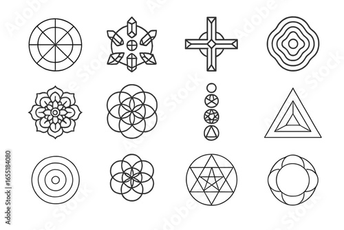Spiritual Geometry Icons. Line style icons of spiritual geometry grids: energy wheel, crystal grid, alignment cross, vibrational