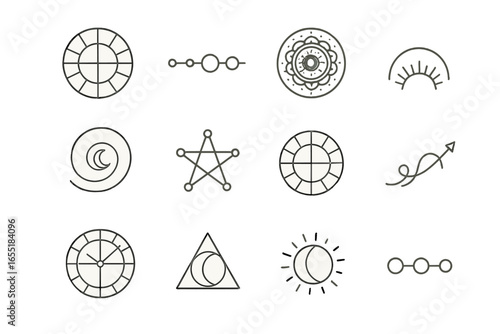 Astrological Geometry Icons. Line style icons of astrological sacred geometry: zodiac ring grid, planetary alignment line,