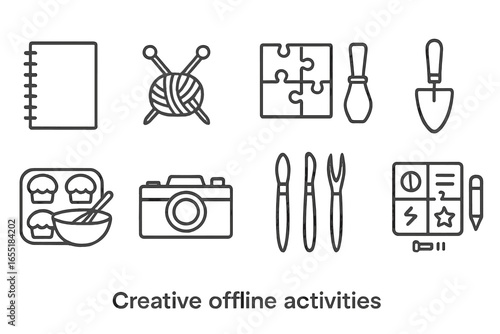 Creative Hobby Icons. Line style icons of creative offline activities: sketchpad icon, knitting needles, puzzle game layout,