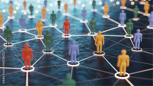 Global Network Connection with Colorful Human Figures Standing on Nodes Representing Worldwide Communication and Interconnectedness in Modern Digital Era