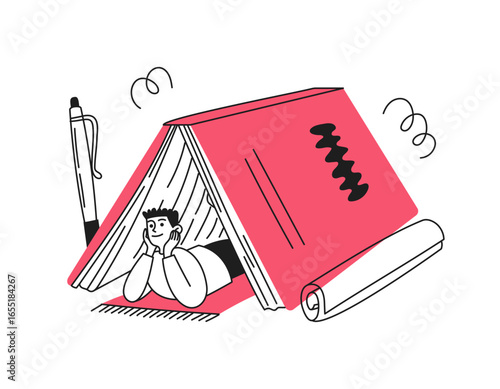 Doodle boy lies in a book in the form of a tent, a hut. Relax. Reading, education. Color. Vector illustration