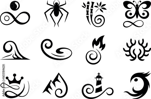 Twelve Stylish Black Tribal Tattoo Design Icons: Vector Graphics