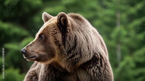 Wallpaper Mural Close-up of powerful brown bear with thick fur standing in forest, wild grizzly animal portrait in natural habitat with blurred green background Torontodigital.ca