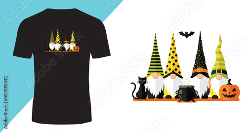 Black t shirt with halloween gnomes and pumpkin decoration