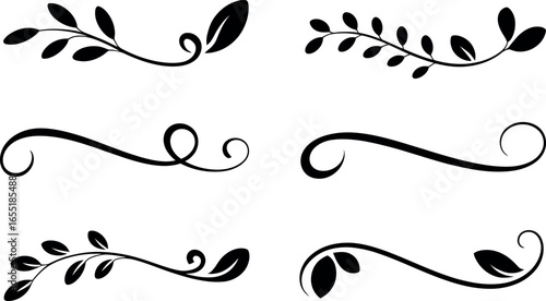 Elegant Black Floral Swirls and Leaf Dividers: Vector Design Elements