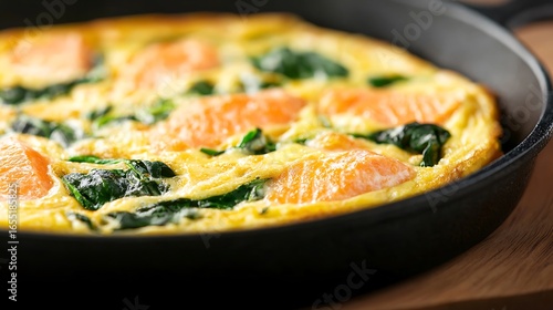 Delicious salmon and spinach frittata cooked in a cast iron skillet