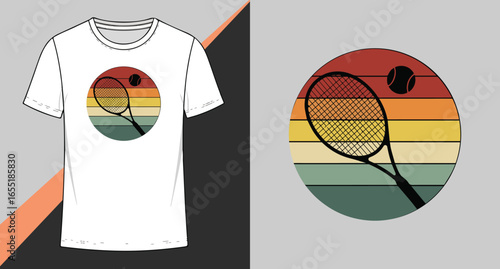 Retro tennis graphic design with racket and ball on striped background