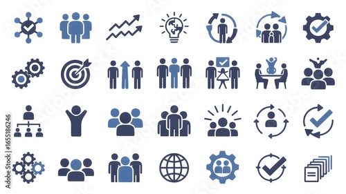 Illustration of business and team related icons on a white background in blue and black colors