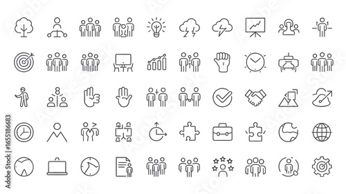 Collection of business and management icons representing teamwork strategy and leadership concepts