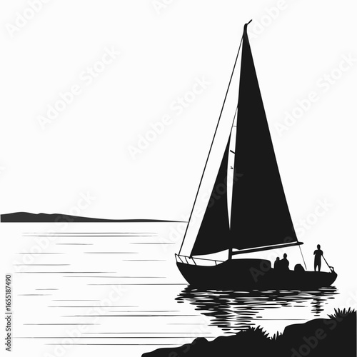 Sailing boat on sea vector art black and white silhouette of sailboat with people for travel and recreation