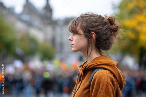 Young brown-haired woman standing in a crowd, attending a protest or political rally, with blurred background concept.