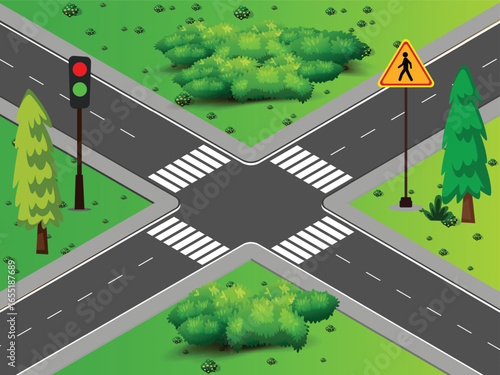  City roads with traffic lights front view illustration