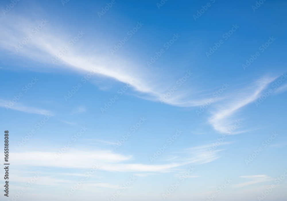 Obraz premium Wispy white clouds drift across a vast, clear blue sky on a bright, sunny day, creating a serene and peaceful atmosphere
