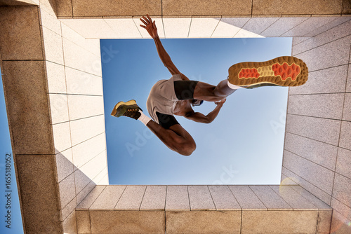 Foto Dynamic low angle shot of man leaping under clear blue sky outdoors