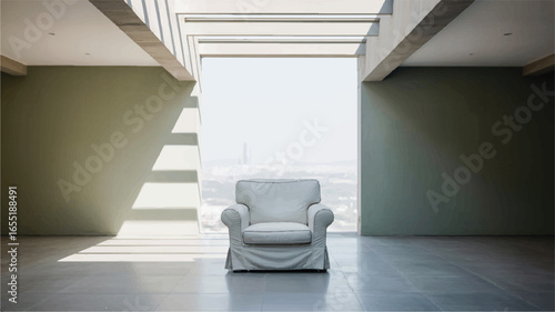 Modern Minimalist Living Room Interior Design with Armchair and City View Background Window Bright Light