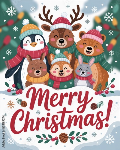 Cute Merry Christmas Card with Winter Animals in Hats and Scarves for Festive Holiday Greetings and Seasonal Decorations