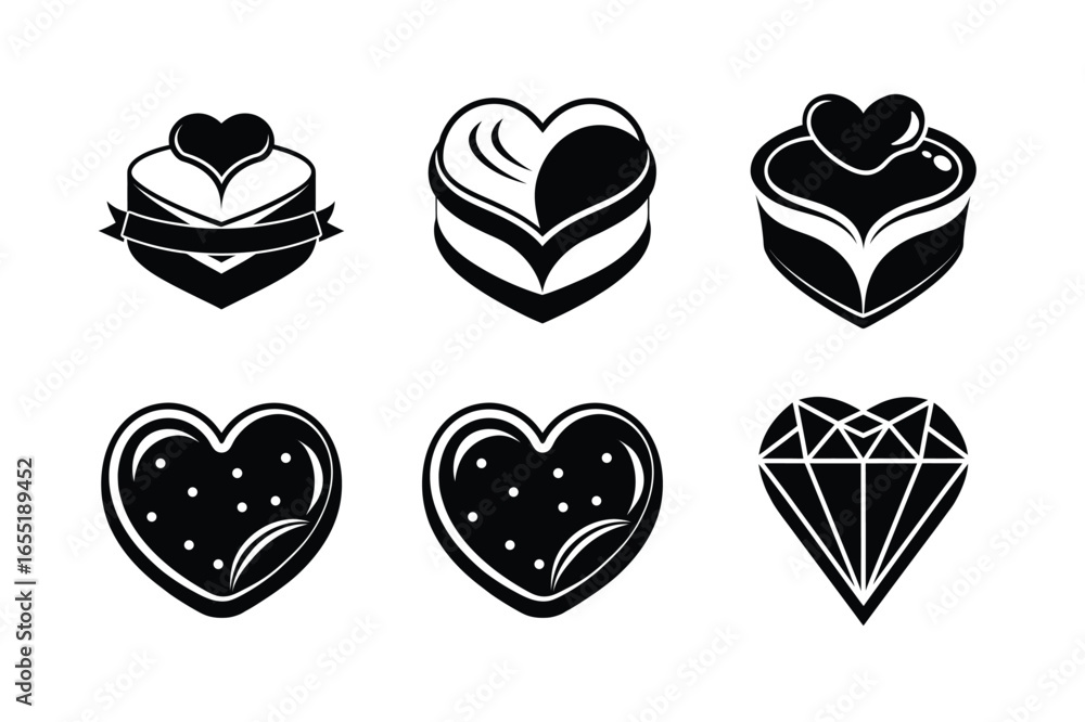 Obraz premium Silhouette set of heart shaped cakes cookies and diamond Vector illustration