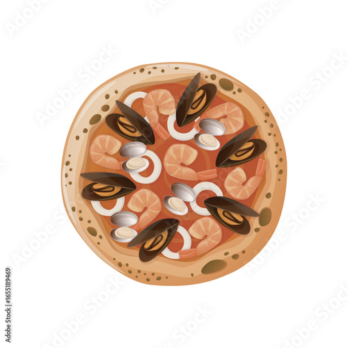 Vector illustration of frutti di mare pizza with shrimps, mussels, clams, squid in flat detailed style. Isolated design of seafood Italian cuisine dish for delivery, pizzeria, restaurant advertisement