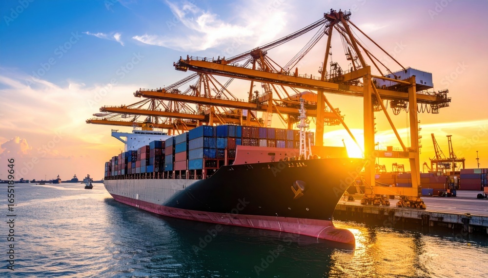 Fototapeta premium Large container ship docked at sunset, giant cranes loading cargo containers. Golden hour light reflects on water.