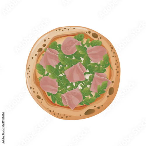 Prosciutto arugula pizza vector illustration in flat detailed style. Isolated design of traditional Italian cuisine dish for delivery, pizzeria, restaurant advertisement or menu