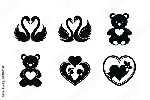 Silhouette set of swans teddy bears and hearts Vector illustration