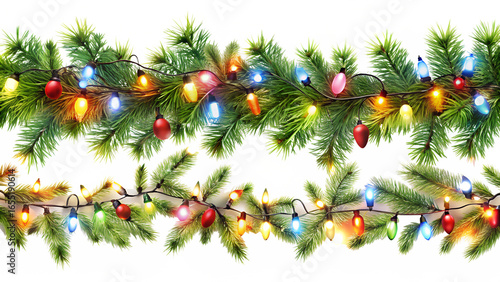 Festive christmas garland with colorful lights, isolated on transparent background