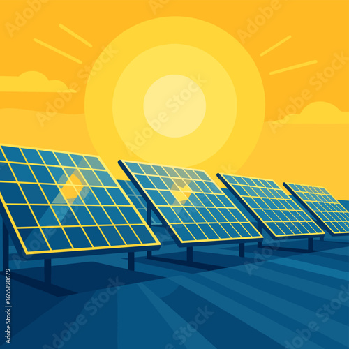 Sustainable solar energy: sunlit panels in a vibrant flat design landscape