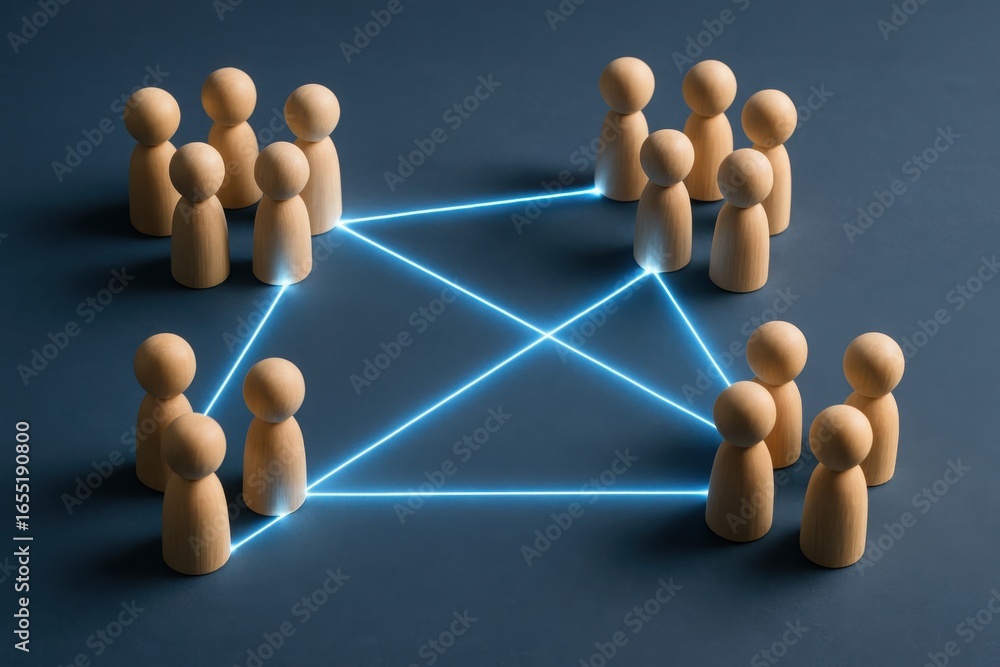 Obraz premium Wooden figures connected by glowing blue lines representing network and communication