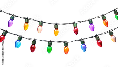 Colorful string of christmas lights with various bulbs, isolated on transparent background