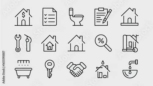 Real Estate and Home Services Line Icons Collection Representing Property Management and Home Improvement Essential Elements