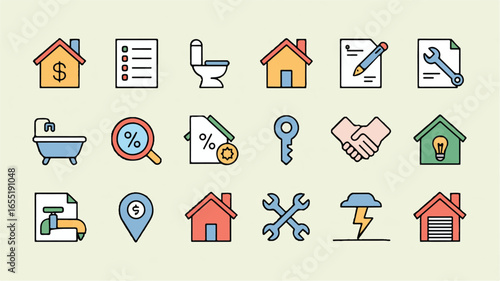 Real Estate Services Icon Set for Property Management and Home Improvement Business Solutions and Online Platform Elements