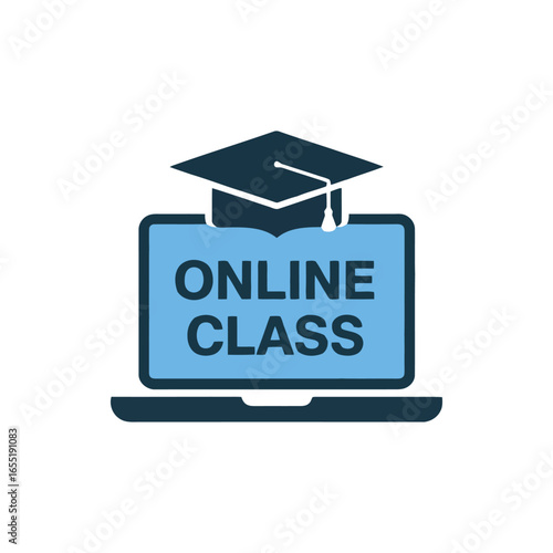 Online Class Concept Digital Learning with Laptop and Graduation Cap Vector Educational Illustration