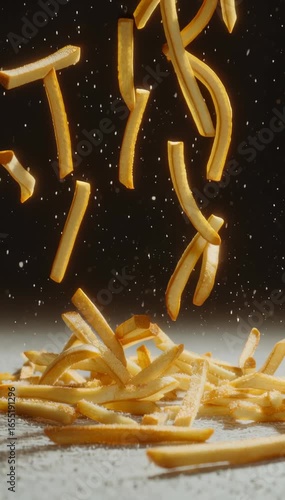 Golden brown french fries cascade downwards on a textured surface, with some fries frozen mid-air against a dark, speckled background, creating a dynamic food photography scene