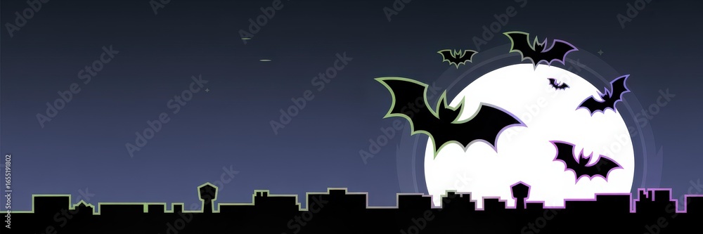 Naklejka premium Panoramic Halloween Promoion Banner — Flat Vector Ilustration, Modern Night Sene Full Moon & Flying Bat City Skyline Silhouette, eon Green & Purple Outline Dark Blue Gradient Backgrund — Websit