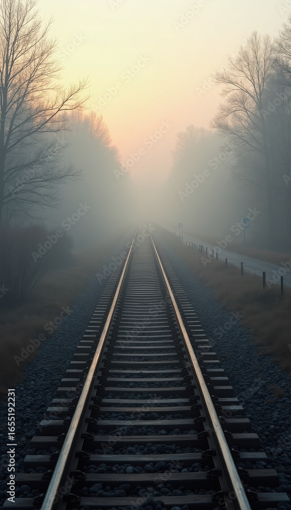Fototapeta premium Serene Foggy Morning on a Quiet Railroad Track Surrounded by Trees