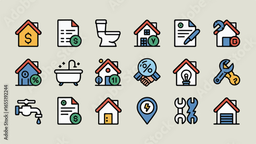 Set of Real Estate and Home Related Icons Representing Various Aspects of Property Ownership and Management