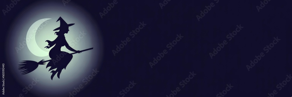 Fototapeta premium Minimal Vector Silhouette Flying Female Witch Broomsick Crescent Moon & Soft Gow — Dark Navy Night Sky Hlloween Banner Right-Side opy Space Website, Social edia & Seasonal Sale